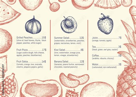 Vegan Restaurant Menu Hand Drawn Design With Fruits Pencil Sketches