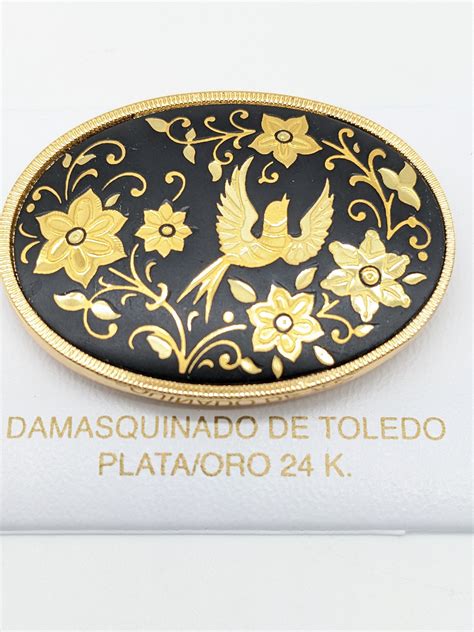 Vintage Black Gold Damascene Spanish Rose Floral Oval Etsy Norway