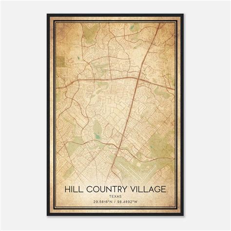 Vintage Hill Country Village Texas Map Poster Hill Country Village Tx