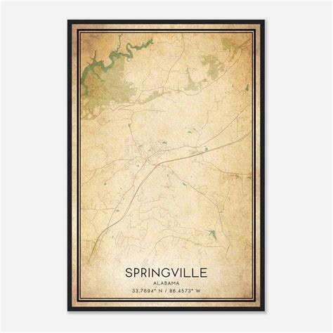 Vintage Springville Alabama Map Poster Springville Al City Road Wall Art Print Custom Maps Posters