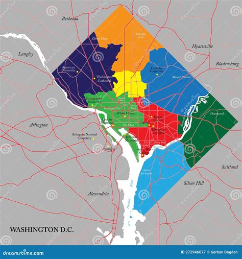 Washington Dc Cartina Con Tutti I Distretti E L Area Circostante
