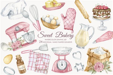 Watercolor Hand Drawn Baking Set Clipart Bakery Supplies Illustration Watercolor Hand Drawn Baking Set Clipart Bakery Supplies Illustration