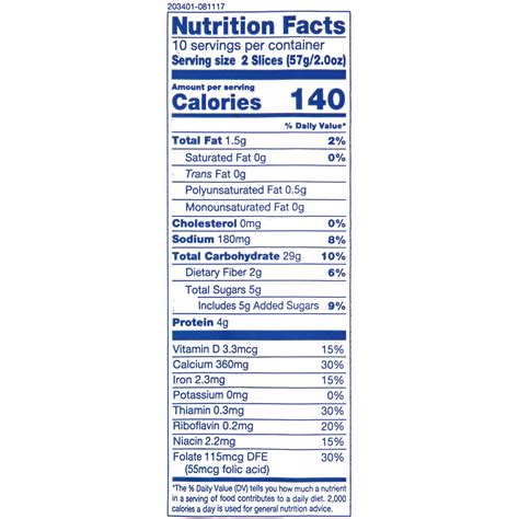 White Bread Nutrition Label