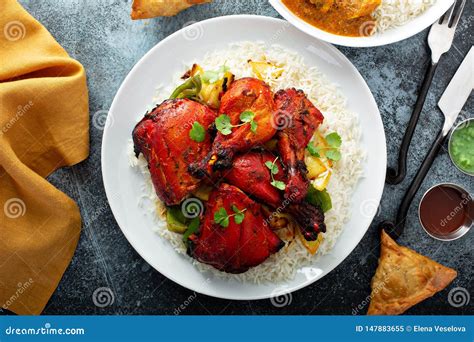 Whole Tandoori Chicken With Jasmine Rice Indian Food Stock