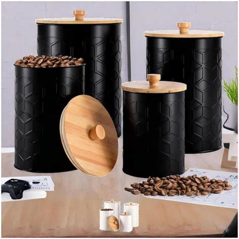 Wudkey 4 Pack Kitchen Iron Canisters With Airtight Lids Flour And Sugar Containers For Counter Black