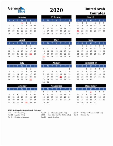 Yearly Calendar United Arab Emirates 2020 With Public Holidays Calendar